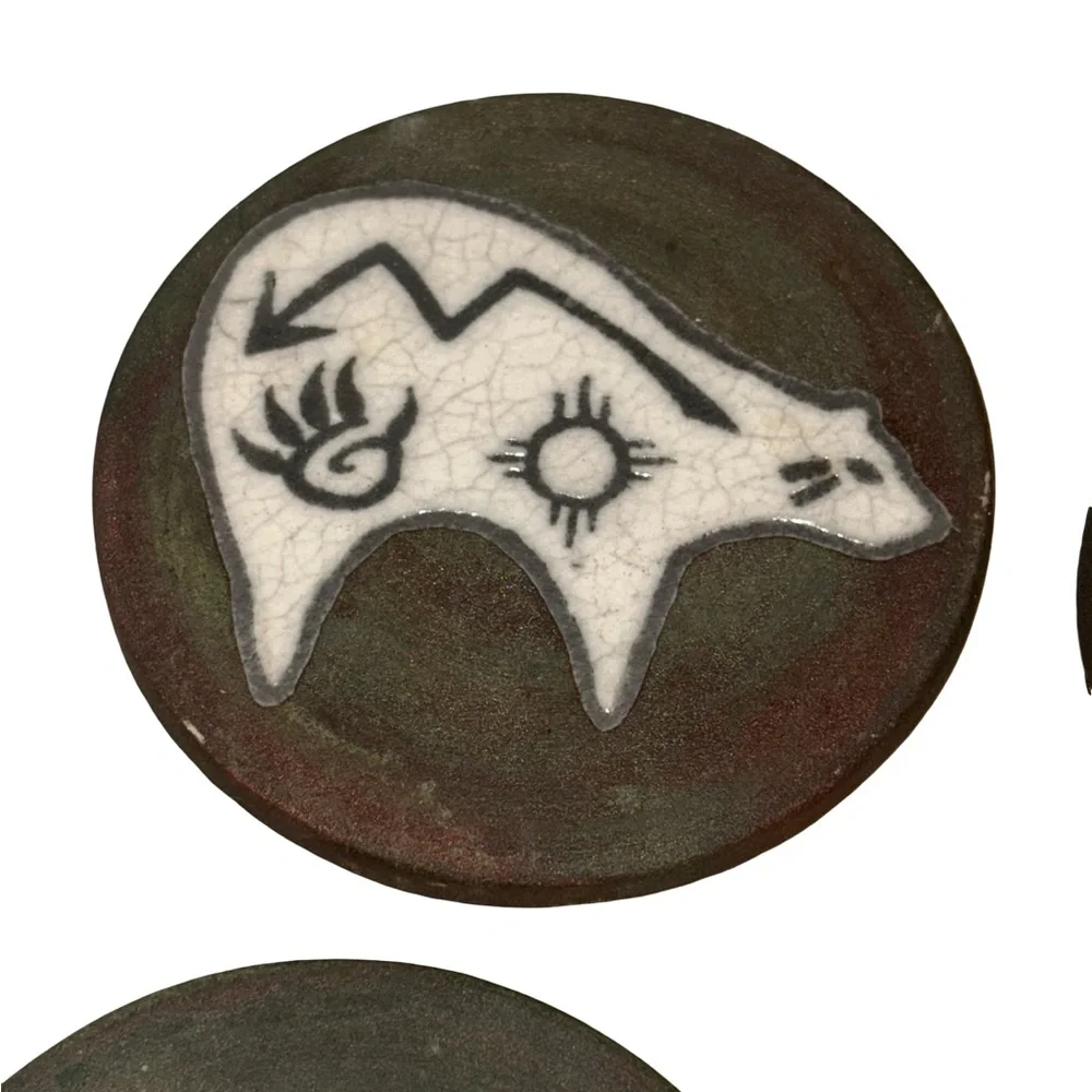New! Raku Pottery Works Sighed J. Diller Bear Design Coasters Set of 4